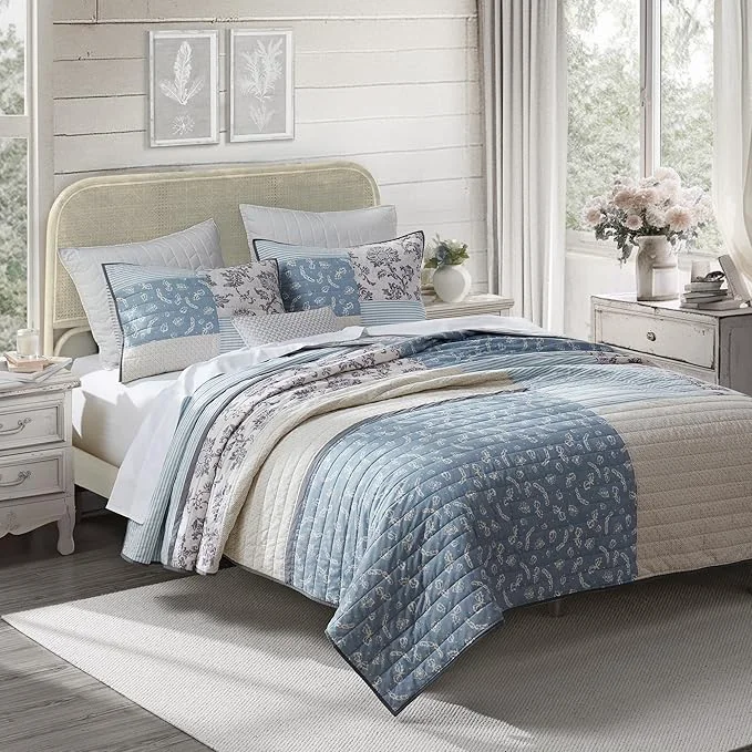 Clean Wonderful Cotton Patchwork Quilt King Size Blue Beige Floral Stitch Bedding Farmhouse Reversible Soft Pre-Washed Rustic Coverlet Bedspread for All Season 106 quot x94 quot Consistent