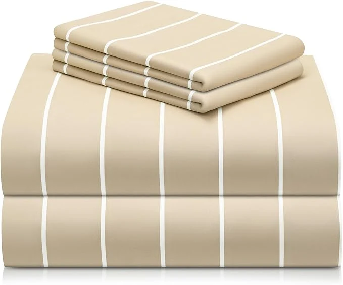 Smart LuxClub 4 PC Queen Size Sheet Set Breathable Luxury Bed Sheets Deep Pockets 18 quot Wrinkle Cooling Machine Washable Hotel Bedding Striped Cream Trendy