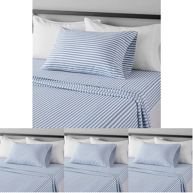 High-End Amazon Basics Lightweight Super Soft Easy Care Microfiber 3 Piece Bed Sheet Set with 14-inch Deep Pockets - Twin Dusty Blue Pinstripe Printed Pack of 4