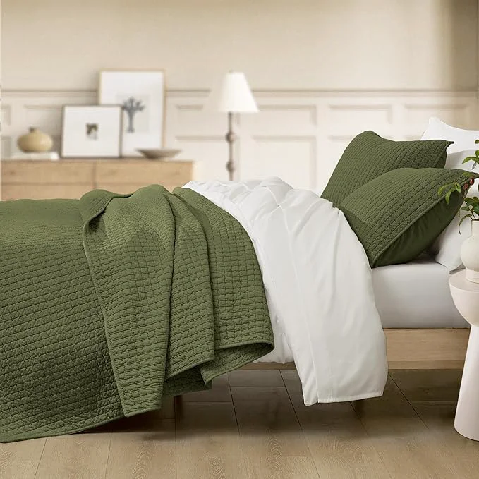 Genuine Wonderful Cotton Blended Jersey Knit Queen Quilt Stitch Bedding Heather Dark Green Quilt with 2 Pillow Shams Cloud Bedpsread All-Season Coverlet 94 quot x94 quot Solid