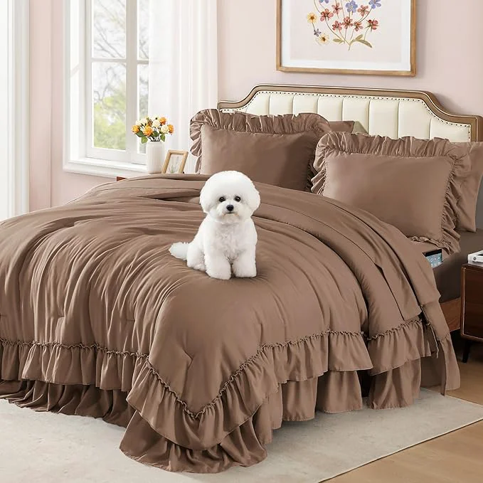 Eco-Friendly King Size Comforter Set Amber Brown Ruffle Shabby Chic Bedding Set Farmhouse 7 Pieces All Season Fluffy Bed in a Bag with Sheets Pillowcases amp Shams Top-Quality