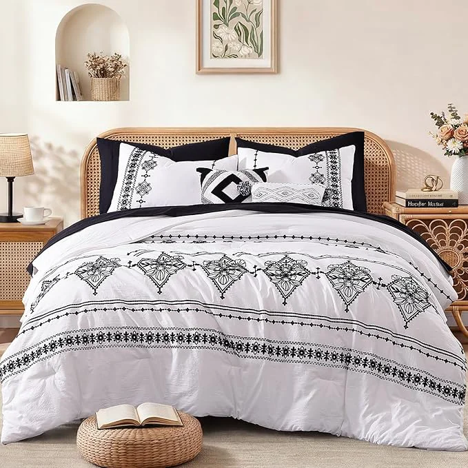 Specialty MaiRêve King Size Comforter Set Frost White Embroidery Floral Western Boho Bedding Set All Season 7 Pieces Bed in a Bag with Sheets Pillowcases amp Shams Safe