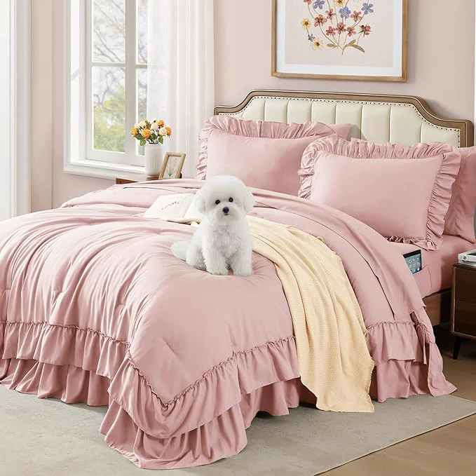 Easy-to-Use Full Comforter Set Soft Pink Ruffle Shabby Chic Bedding Set Farmhouse 7 Pieces All Season Fluffy Bed in a Bag with Sheets Pillowcases amp Shams Pure