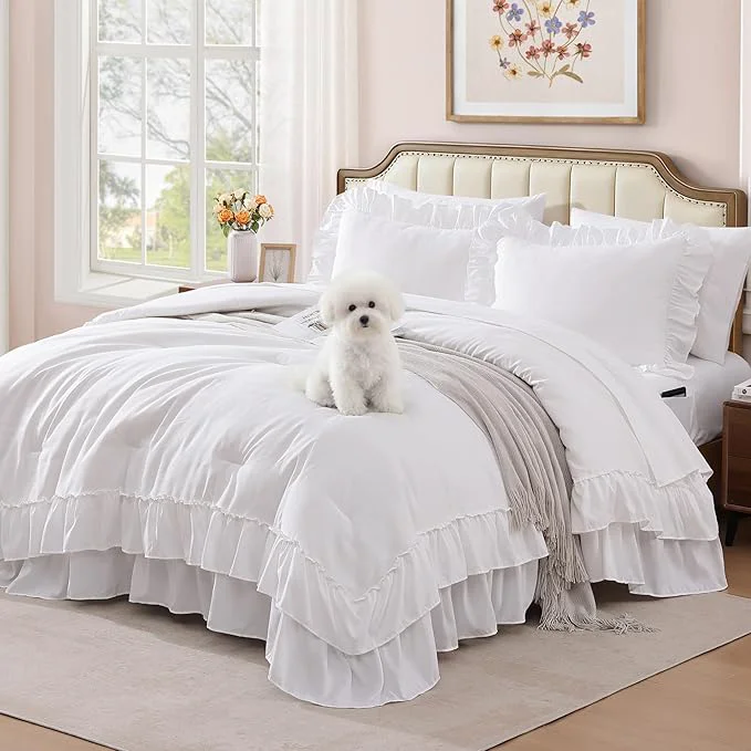 Premium Full Comforter Set White Ruffle Shabby Chic Bedding Set Farmhouse 7 Pieces All Season Fluffy Bed in a Bag with Sheets Pillowcases amp Shams Authentic