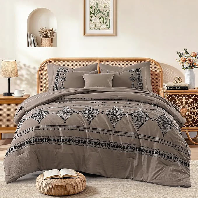 Smart MaiRêve Queen Size Comforter Set Taupe Grey Embroidery Floral Western Boho Bedding Set All Season 7 Pieces Bed in a Bag with Sheets Pillowcases amp Shams Eco-Friendly