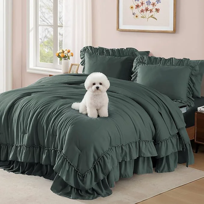High-Performance King Size Comforter Set Forest Green Ruffle Shabby Chic Bedding Set Farmhouse 7 Pieces All Season Fluffy Bed in a Bag with Sheets Pillowcases amp Shams Elegant