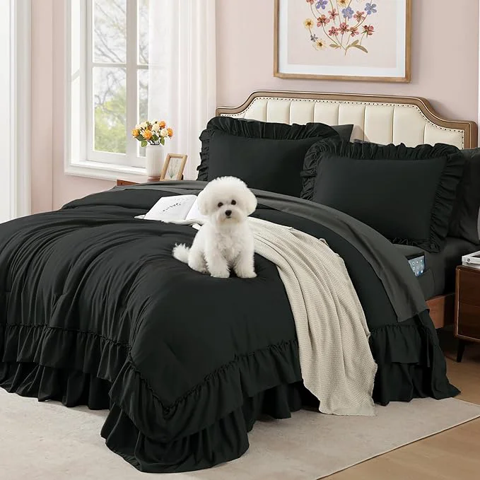 Reliable Full Comforter Set Black Ruffle Shabby Chic Bedding Set Farmhouse 7 Pieces All Season Fluffy Bed in a Bag with Sheets Pillowcases amp Shams Enhanced