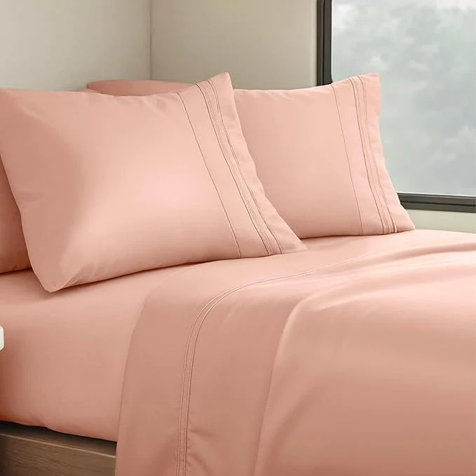 Long-Lasting Clara Clark Bed Sheets Premier 1800 Series 4 Piece RV Queen Sheet Set Luxury Soft Sheets for RV Bunks Short Queen - Peach Minimalist