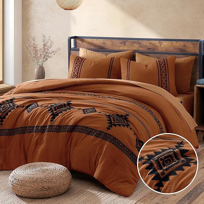 Classic MaiRêve Embroidery Comforter Set Boho Farmhouse Western Bedding Set All Season Bed in A Bag Comforter Set with Sheets Pillowcases amp Shams Burnt Orange King 7 Pieces Flexible