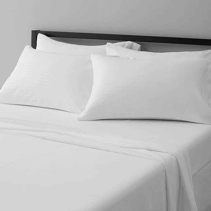 Official Amazon Basics Ultra-Soft Breathable Microfiber 4-Piece Bed Sheet Set Wrinkle- Machine Washable King Size Bright White Striped Detailed