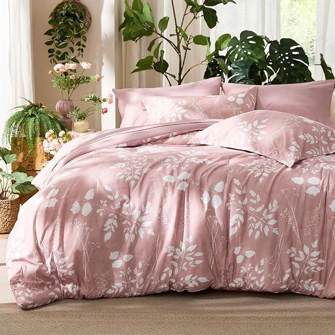 Stylish Bedsure Rose Pink King Comforter Set - 7 Pieces Floral Bedding Sets King Bed in a Bag with Reversible Botanical Flowers Comforter Sheets Pillowcases amp Shams Modern