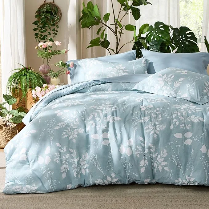 Expertly Made Bedsure Sky Blue Twin Comforter Set - 5 Pieces Floral Bedding Sets Twin Bed in a Bag with Reversible Botanical Flowers Comforter Sheets Pillowcase amp Sham Organic
