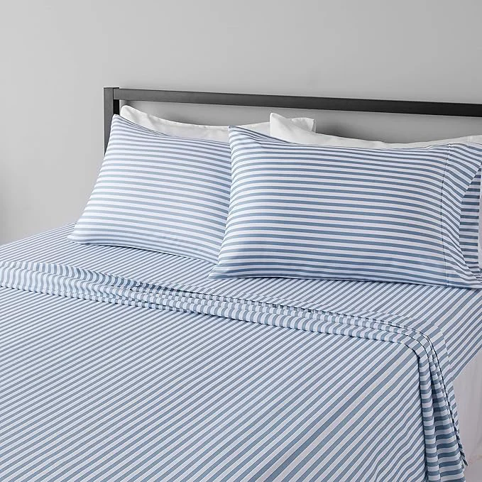 Powerful Amazon Basics Lightweight Breathable Super Soft Microfiber 4 Piece Bed Sheet Set Wrinkle Resistant With 14-inch Deep Pockets - Queen Dusty Blue Pinstripe Printed Responsible