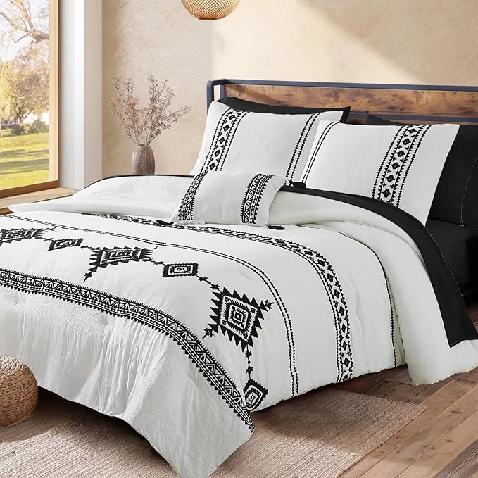 Eco-Friendly MaiRêve Embroidery Comforter Set King Size 7 Pieces Boho Farmhouse Western Bedding All Season Bed in A Bag White Black King Comforter Set with Sheets Pillowcases amp Shams Exceptional