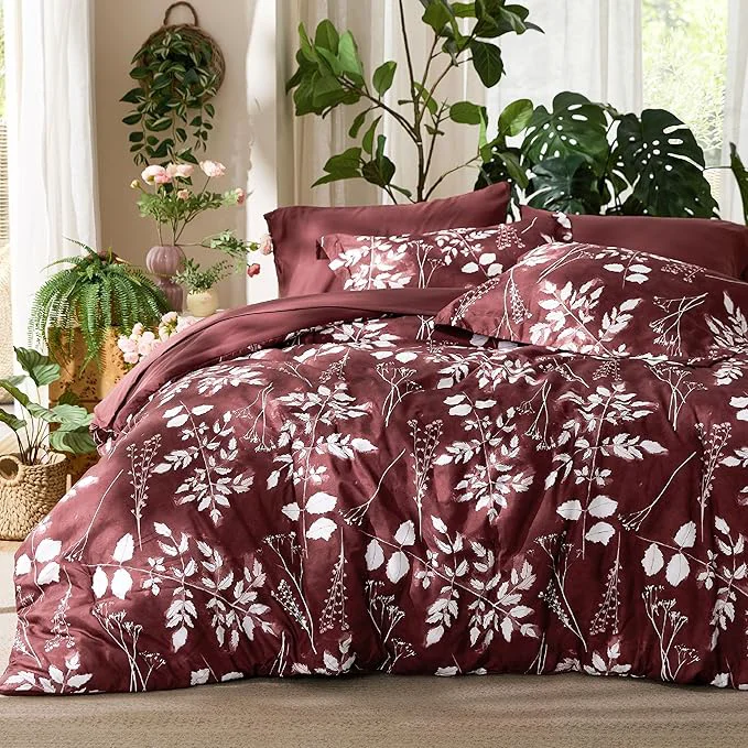 Stylish Bedsure King Size Comforter Set - 7 Pieces Floral Burgundy Soft Bedding Sets King Bed in a Bag with Botanical Flowers Comforter Sheets Pillowcases amp Shams Prestigious