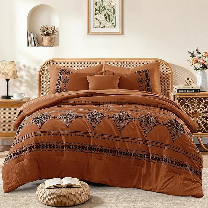 Breathable MaiRêve Full Size Comforter Set Burnt Orange Embroidery Floral Western Boho Bedding Set All Season 7 Pieces Bed in a Bag with Sheets Pillowcases amp Shams Consistent