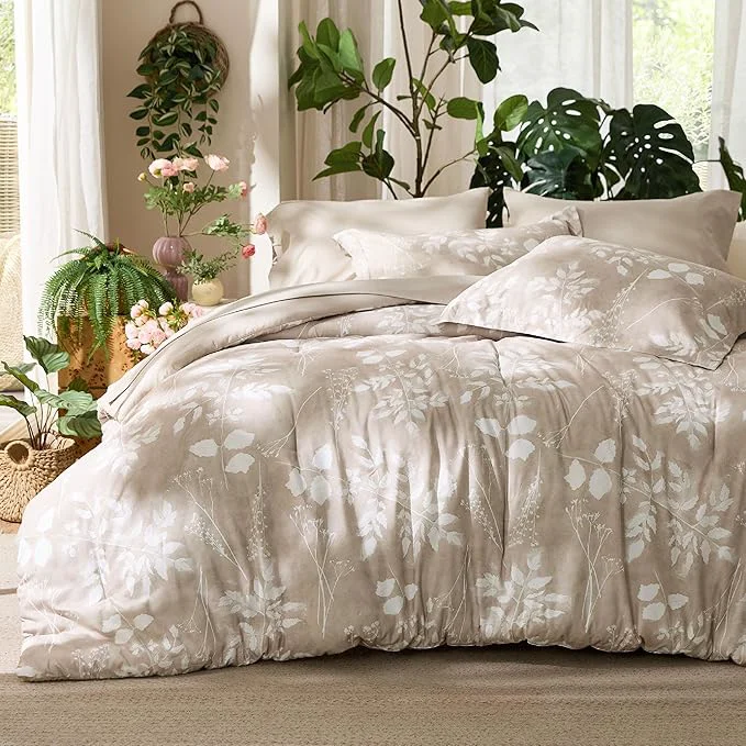 Enhanced Bedsure Queen Comforter Set - 7 Pieces Floral Beige Soft Bedding Sets Queen Bed in a Bag with Botanical Flowers Comforter Sheets Pillowcases amp Shams Organic