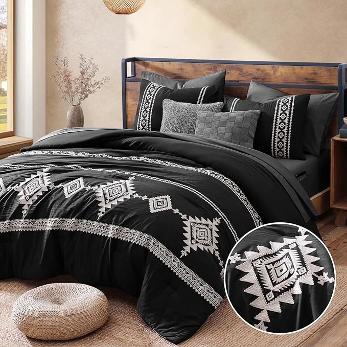 Casual MaiRêve Embroidery Comforter Set Boho Farmhouse Western Bedding Set All Season Bed in A Bag Comforter Set with Sheets Pillowcases amp Shams Black Full 7 Pieces High-Quality