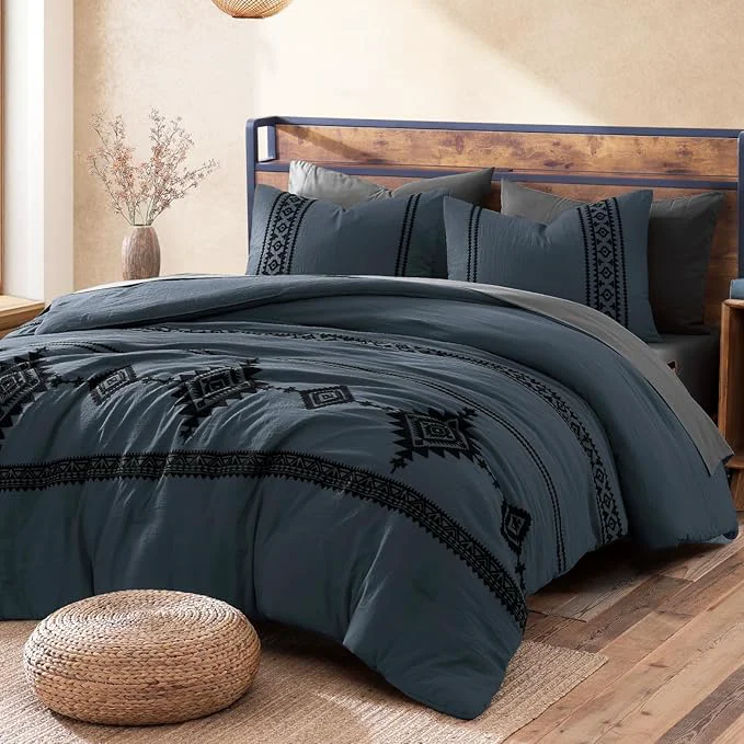 Dependable MaiRêve Embroidery Full Size Comforter Set Blue Grey Farmhouse Western Boho Bedding Set 7 Pieces All Season Bed in A Bag Comforter Set with Sheets Pillowcases amp Shams Advanced