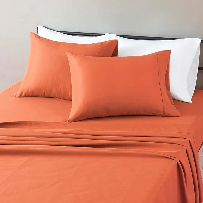 Original Amazon Basics Lightweight Breathable Microfiber 4-Piece Bed Sheet Set Brick Solid Queen Premium Material
