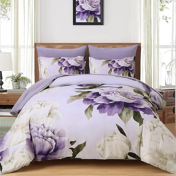 Unique Dobuyly Purple Queen Comforter Set 7 Piece Bed in a Bag Queen Purple Floral Printed on Light Purple Comforter Set with Sheets Soft Microfiber Botanical Complete Bedding Set for All Season Stylish