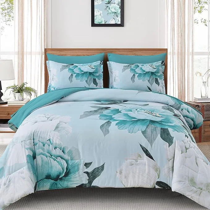 Secure Dobuyly Floral Comforter Set Queen Size 7 Piece Bed in a Bag Aqua Flowers Printed on Light Blue Comforter Set with Sheets Soft Polyester Botanical Complete Bedding Set for All Season Innovative