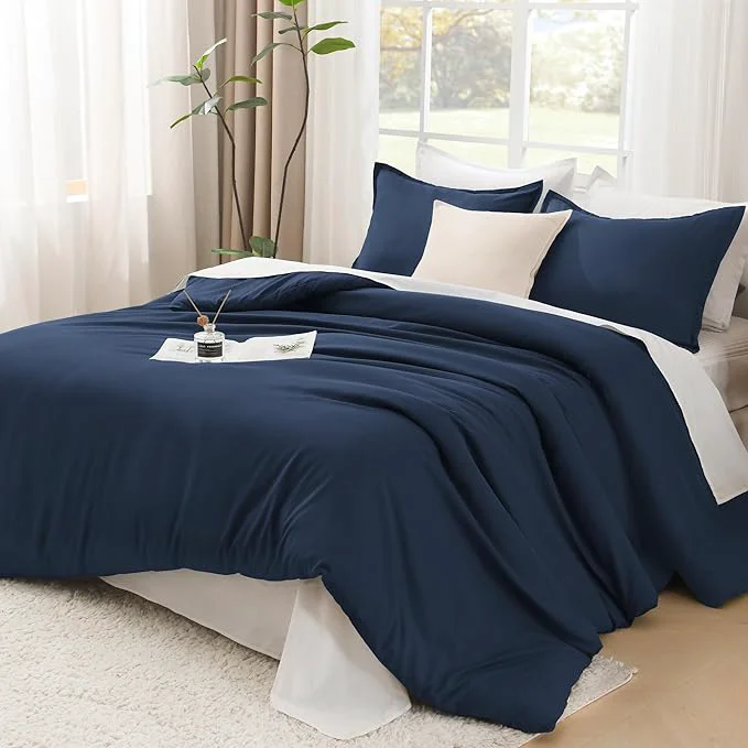 Advanced Litanika Navy Blue Comforter Full Size Set 3 Pieces Lightweight Solid Bedding Comforter Set All Season Fluffy Bed Set Contemporary