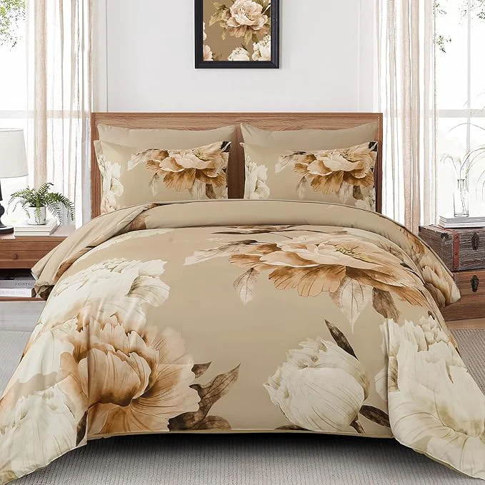 Outstanding Dobuyly California King Comforter Set 7 Piece Bed in a Bag Taupe Floral Printed on Khaki Fall Comforter Set with Sheets Soft Microfiber Farmhouse Complete Bedding Set for All Season Genuine