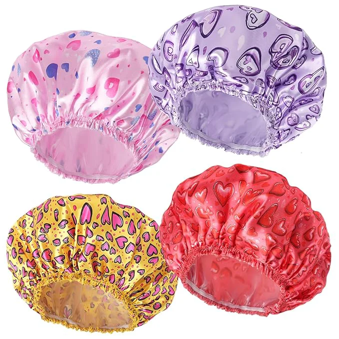 Stylish 4 PCS Shower Cap for Women Elastic and Reusable Bath Caps Double Layers Sophisticated