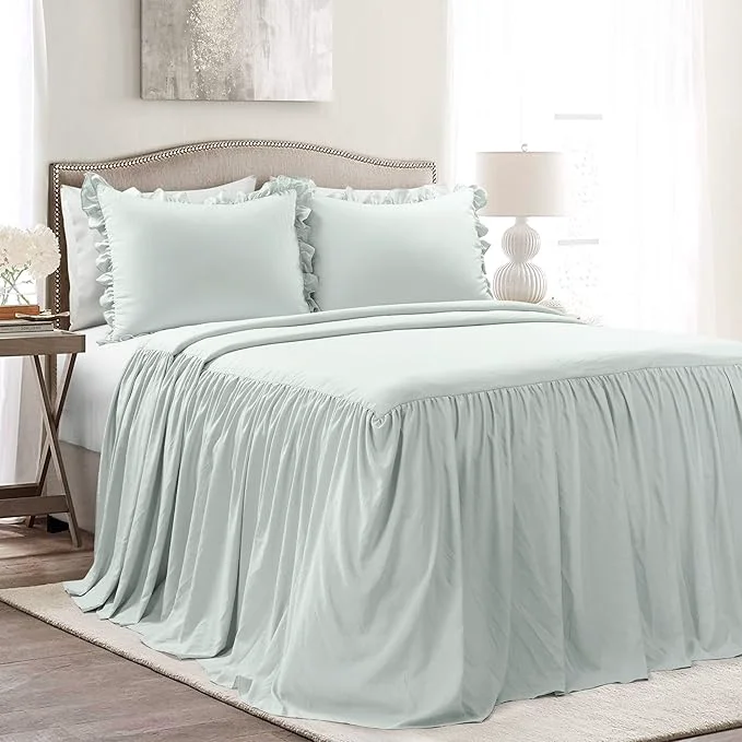 High-End Lush Decor Ruffle Skirt Bedspread Set - 3-Piece Luxurious Farmhouse Bedding - Elegant Ruffle Detail - Timeless Style - Soft Lightweight Sheets - King Sea Salt Trendy