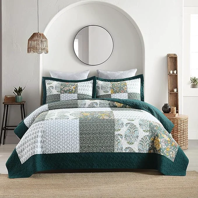 Flexible Secgo King Size Comforter Set- Cotton Quilt King Size Set Green Emerald bedspreads 98 106 Inch with 2 Pillow Shams Patchwork Reversible Lightweight Bedding
