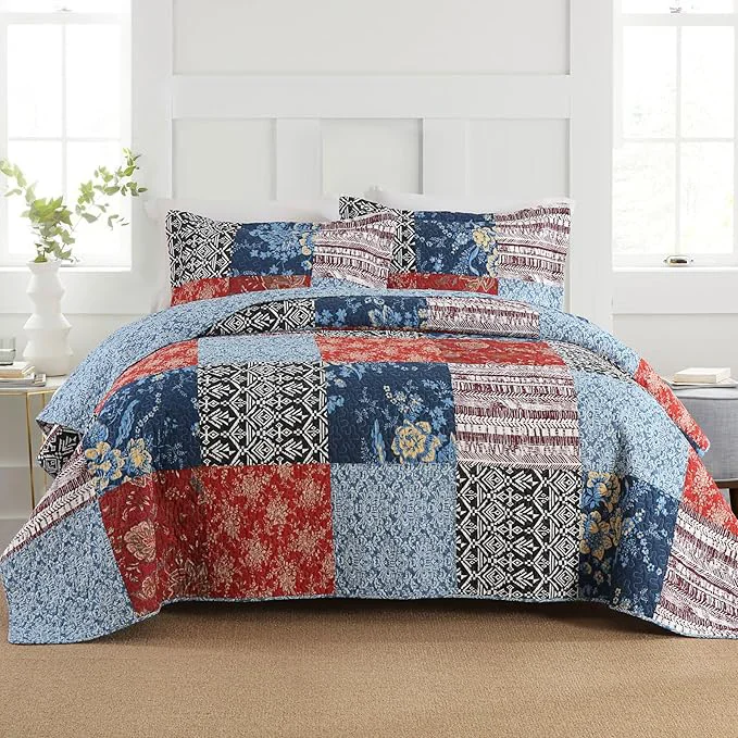 Luxury Secgo Queen Comforter Set for Bed - Cotton Quilts Queen Size Black Bedspreads 90 98 Inch with 2 Pillow Shams Patchwork Reversible Lightweight Bedding Smart
