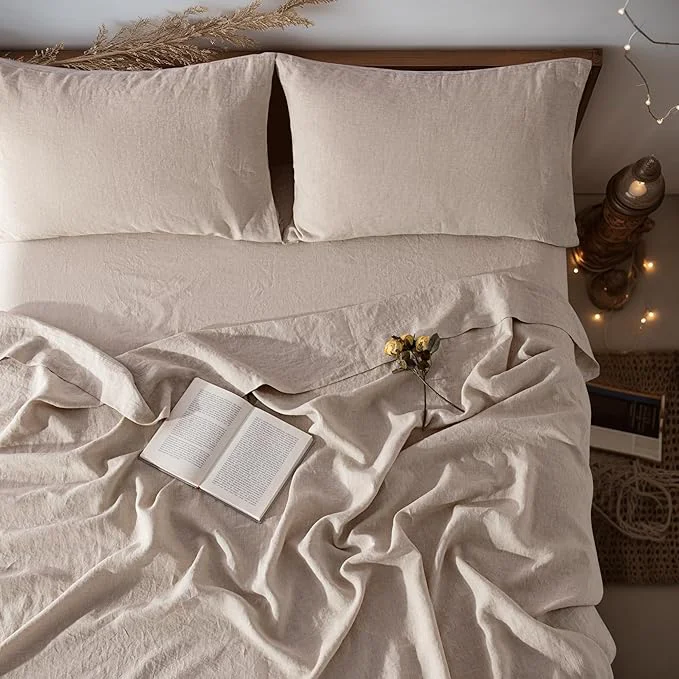 Elegant LBRO2M Pure Linen Sheet Set Deep Pocket Up to 16 quot Bed Sheets Sets Natural Flax Beddings Soft Breathable Comfortable for All Seasons 4 Pcs Sheet Set California King Size Linen Color Practical