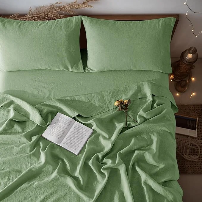 Environmentally Friendly LBRO2M Pure Linen Sheet Set Deep Pocket Up to 16 quot Bed Sheets Sets Natural Flax Beddings Soft Breathable Comfortable for All Seasons 4 Pcs Sheet Set Full Size Green Detailed