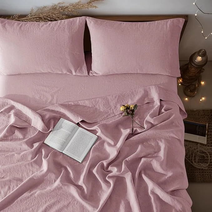 Quality LBRO2M Pure Linen Sheet Set Deep Pocket Up to 16 quot Bed Sheets Sets Natural Flax Beddings Soft Breathable Comfortable for All Seasons 4 Pcs Sheet Set California King Size Embroidery Purple Refined