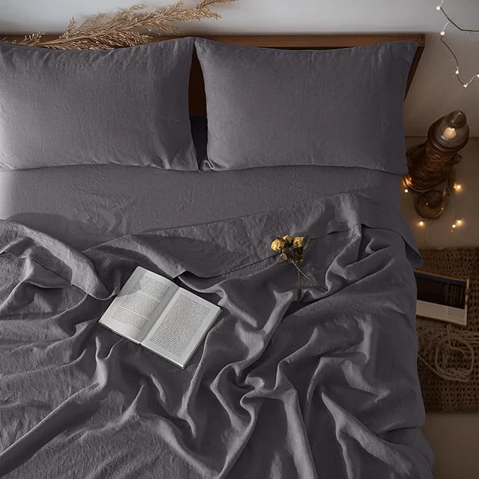 User-Friendly LBRO2M Pure Linen Sheet Set Deep Pocket Up to 16 quot Bed Sheets Sets Natural Flax Beddings Soft Breathable Comfortable for All Seasons 4 Pcs Sheet Set Queen Size Dark Grey Next-Generation