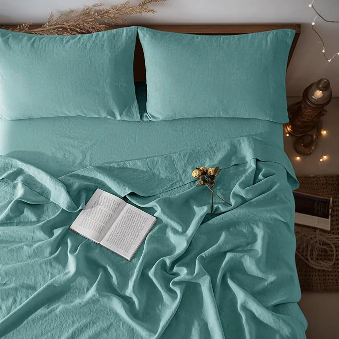 Prestigious LBRO2M Pure Linen Sheet Set Deep Pocket Up to 16 quot Bed Sheets Sets Natural Flax Beddings Soft Breathable Comfortable for All Seasons Twin Size Aqua Proven