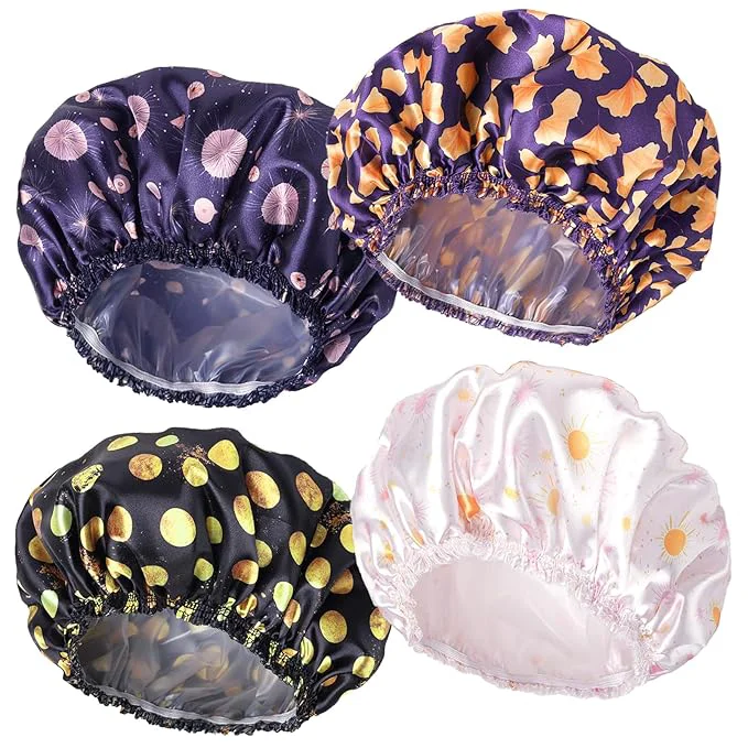 Premium Material 4 PCS Shower Cap for Women Elastic and Reusable Bath Caps Double Layers Dependable