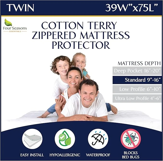 Comfortable Zippered Waterproof Mattress Encasements - Hypoallergenic Mattress Protector Cover with Soft Cotton Terry Fabric Top - Twin Size 39 39 x 75 39 Official