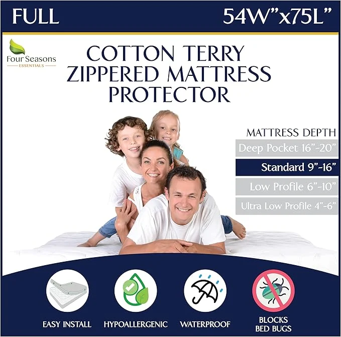 Solid Zippered Waterproof Mattress Encasements - Hypoallergenic Mattress Protector Cover with Soft Cotton Terry Fabric Top - Full Size 54 39 x 75 quot Eco-Friendly