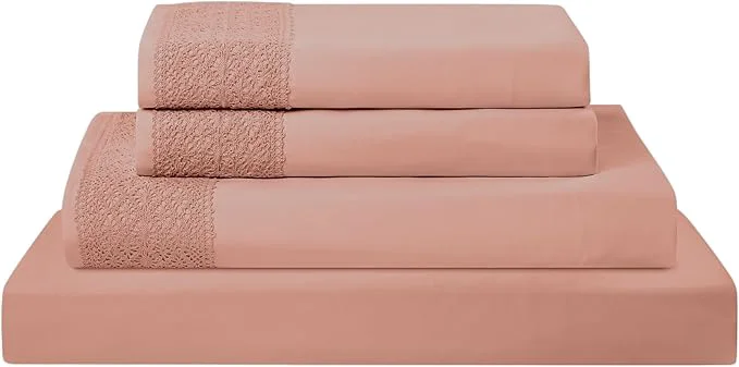 Fashionable Modern Threads 4 Piece Microfiber Sheet Set – Soft Cooling Bed Sheets with Crochet Lace – Deep Pocket Wrinkle Breathable Hotel Luxury Bedding Rose Pink King Sophisticated