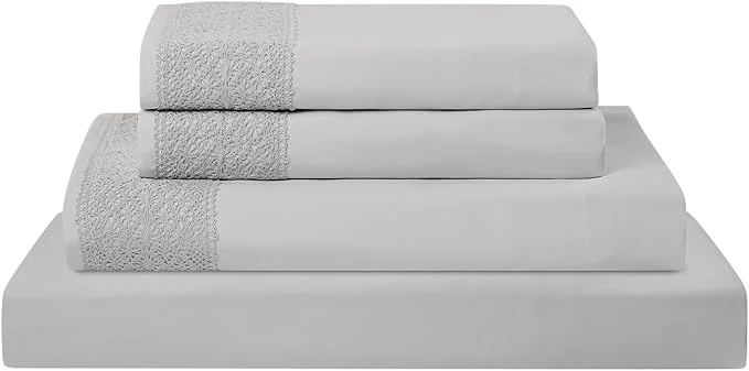 Reusable Modern Threads 3 Piece Microfiber Sheet Set – Soft Cooling Bed Sheets with Crochet Lace – Deep Pocket Wrinkle Breathable Hotel Luxury Bedding Light Gray Twin Elegant