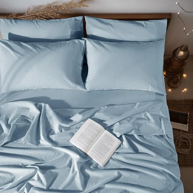 Casual LBRO2M Pure Linen Sheet Set Deep Pocket Up to 16 quot Bed Sheets Sets Natural Flax Beddings Soft Breathable Comfortable for All Seasons 6 Pcs Sheet Set Queen Size Dusty Blue Enhanced
