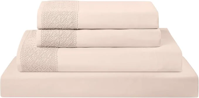 Functional Modern Threads 3 Piece Microfiber Sheet Set – Soft Cooling Bed Sheets with Crochet Lace – Deep Pocket Wrinkle Breathable Hotel Luxury Bedding Blush Pink Twin Practical