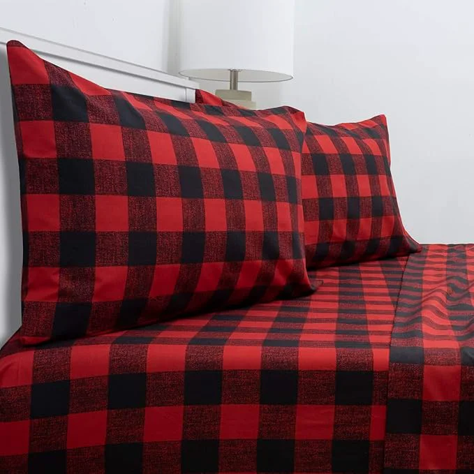 Smooth 1800 Thread Count Sheet Set – Soft Egyptian Quality Brushed Microfiber Sheets – Luxury Bedding Set with Flat Sheet Fitted Sheet Pillow Cases Full Buffalo Check Burgundy Sheet Set Top-Quality