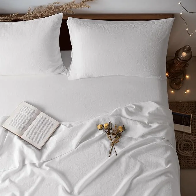 Sustainable LBRO2M Pure Linen Sheet Set Deep Pocket Up to 16 quot Bed Sheets Sets Natural Flax Beddings Soft Breathable Comfortable for All Seasons 4 Pcs Sheet Set King Size White Premium Material
