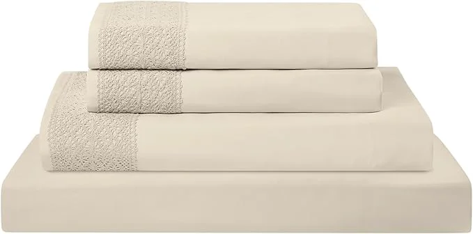 Enhanced Modern Threads 4 Piece Microfiber Sheet Set – Soft Cooling Bed Sheets with Crochet Lace – Deep Pocket Wrinkle Breathable Hotel Luxury Bedding Beige California King