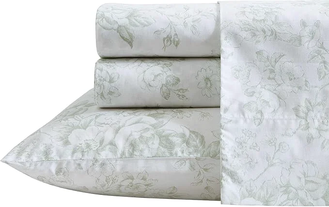 Next-Generation Laura Ashley - Queen Sheets Cotton Percale Bedding Set Lightweight amp Breathable Home Decor Toile Delight Green Queen High-Quality