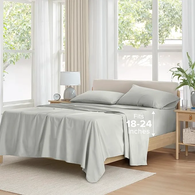 Eco-Friendly Comfort Spaces Extra Deep Pocket Cotton Queen Fits up to 24 quot Mattress Breathable Naturally Cool Cotton Soft Cotton Sheets All Seasons Sheet Set Grey 4 Piece Premium