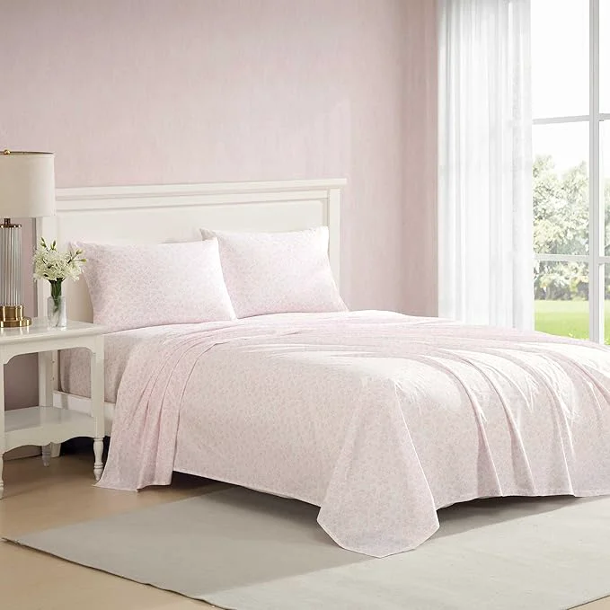 High-Performance Laura Ashley - Twin Sheet Set Crisp amp Cool Cotton Percale Bedding with Deep Pockets Lightweight for Year Round Comfort Bed Sheets with Matching Pillowcases Floral Toile Pink Effective
